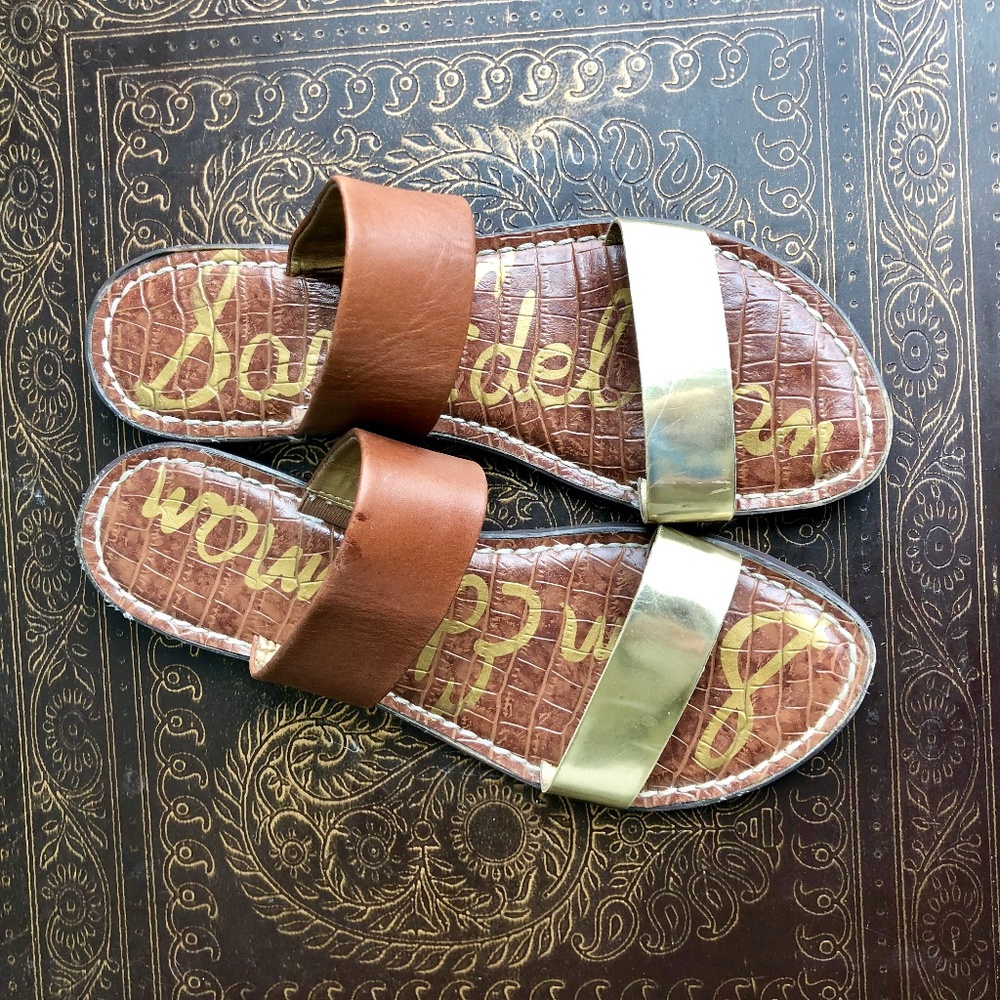 SAM EDELMAN Krista Flat Sandals Brown/Gold 37.5